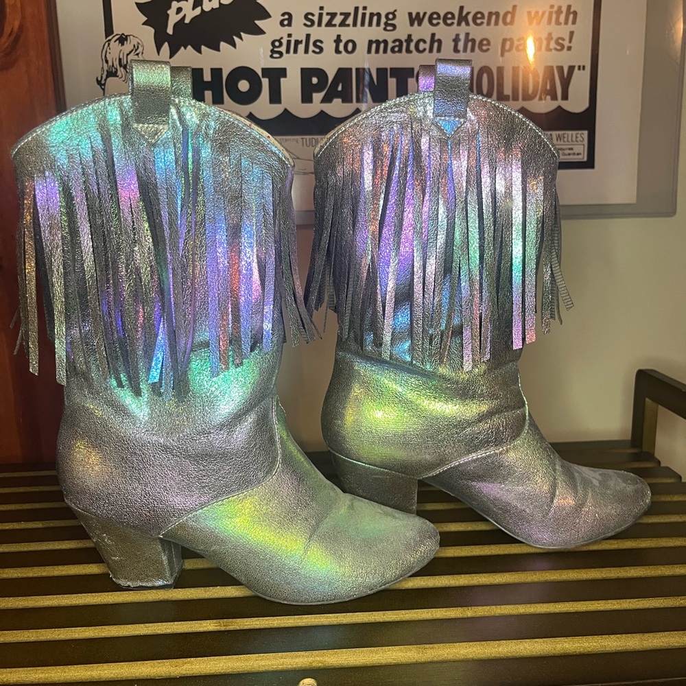 Fringe Holographic Silver Heeled Boots